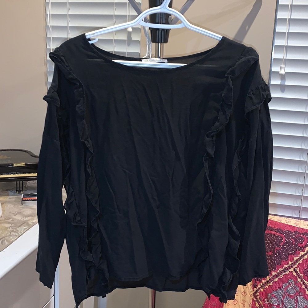 Gold Hawk ruffled black silk blouse